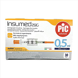 Siringa per insulina pic insumed 0,5 ml 100 ui ago gauge 29 lunghezza 12,7 mm senza spazio morto 3 sacchetti da 10 pezzi